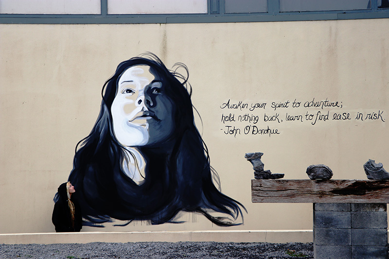 Wide shot of Looking Up mural in Ballyvaughan