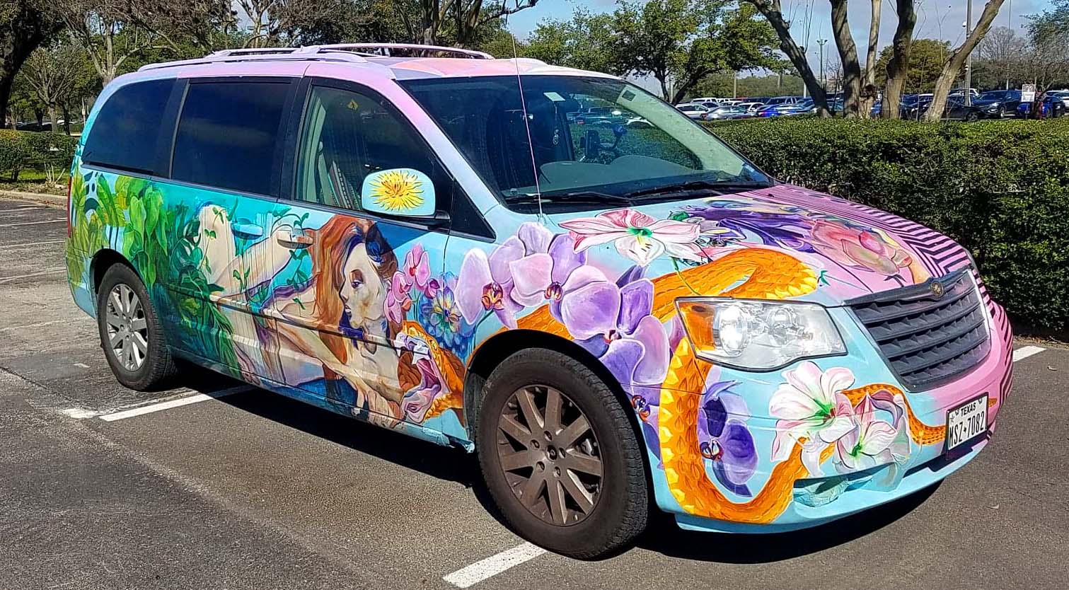 Front three-quarter view of the Rainbow Rider art car